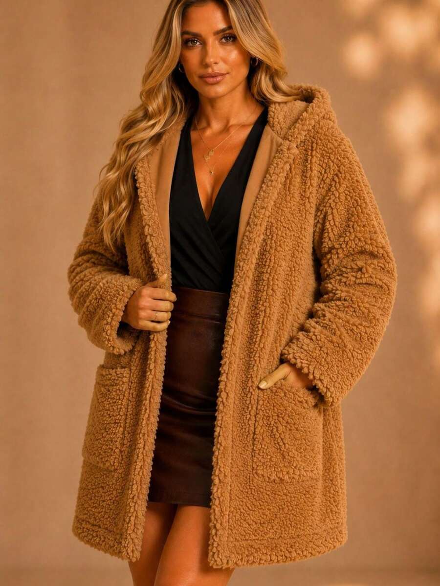 Teddy Overcoat With Hood And Pocket, Women's Warm Winter Jacket With Long Sleeves - Camel - View 1