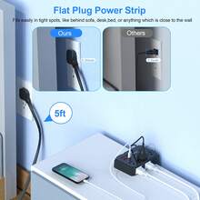 Regleta con protector de sobretensión de 5 pies y enchufe plano, 6 tomas de corriente espaciadas + 4 puertos USB, extensor de toma de corriente montable en la pared, esencial para hogar, oficina y dormitorio - Negro - Ver 5