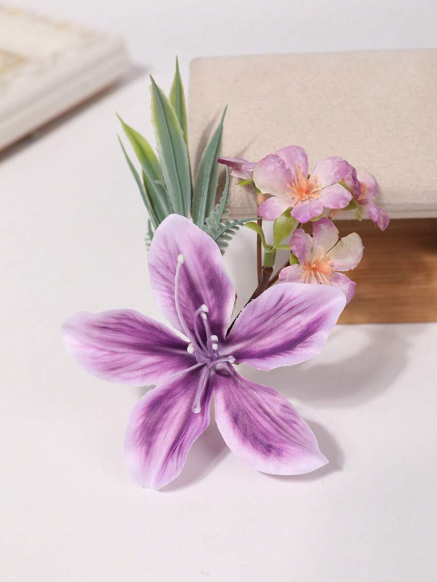 1件甜美粉色調人造百合花髮夾,女孩風髮髻側夾,仙氣十足女性拍照髮飾髮夾 - 紫色 - 查看 1