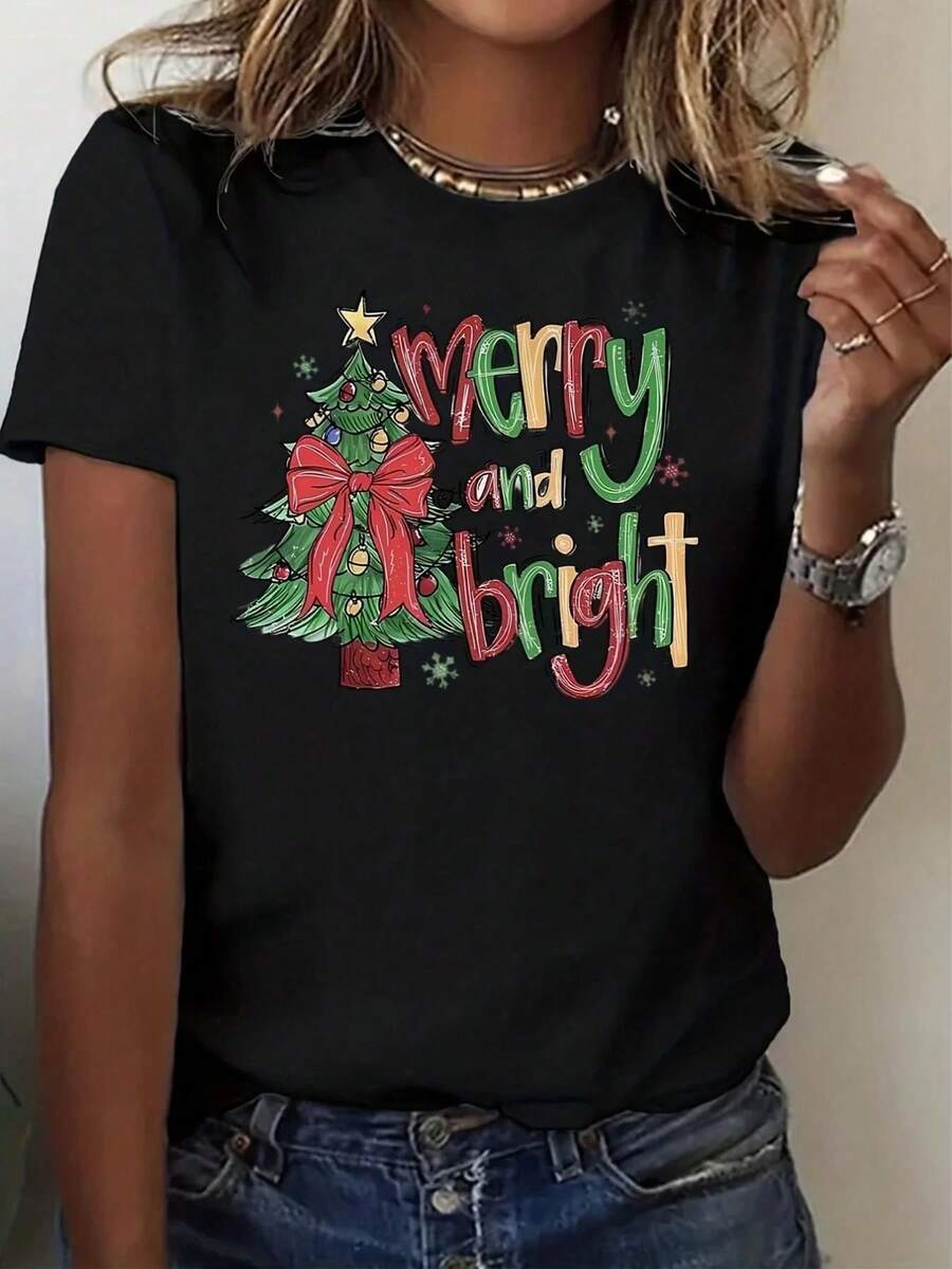 Camiseta navideña Feliz y brillante Estampado de árbol de Navidad Ropara fiesta navideña - 220g