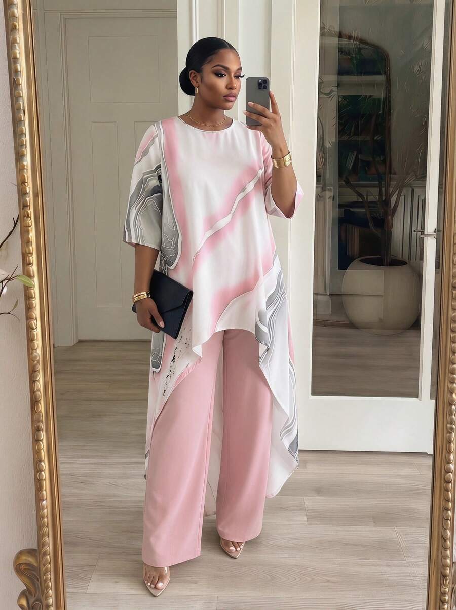 SHEIN Lady CURVE 大码休闲短前长后上衣和粉色裤子两件套