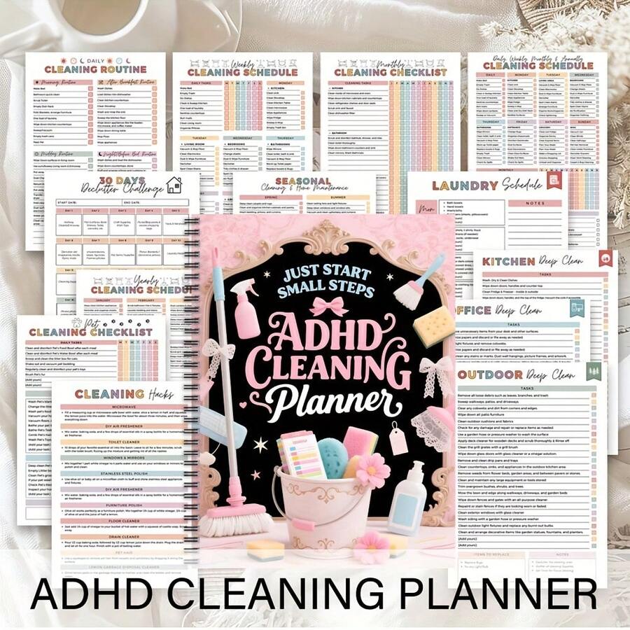 ADHD Cleaning Planner (Spiral Bound) - Color-Coded Cleaning Schedule, Daily/Weekly/Monthly/Yearly Planner, Chore List, & Cleaning Log For Home, Office, Housewives And Moms, Cover Design, Task Management, Essential For Working Professionals - A - View 1