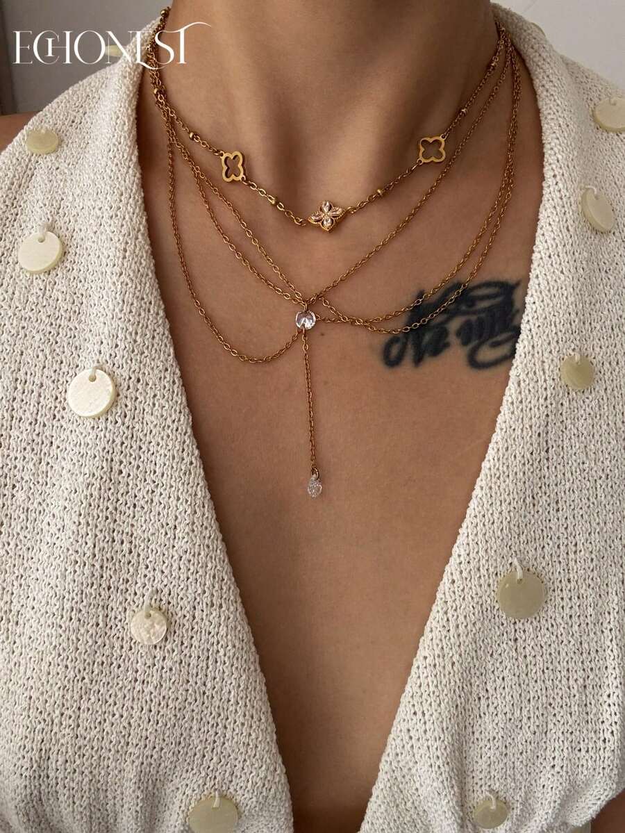 1pc Gold-Colored Stainless Steel High-Quality Zirconia Four-Leaf Clover Multi-Layer Necklace - Yellow Gold - View 1