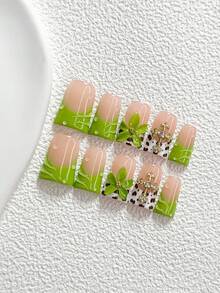 10件裝休閒風手工穿戴甲，Polygel美甲套組，金色十字架、綠色花卉、綠色、白色、棕色指甲油，清新風格，附美甲工具，3種尺寸可選，杏仁形、鴨嘴形、棺材形，適合派對、跳舞、日常配戴 - 彩色 - 查看 13