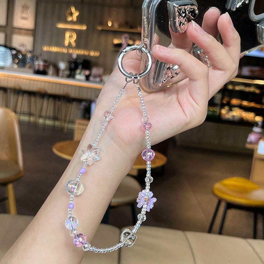1pc Summer Dopamine Colorful Crystal Flower Beaded Phone Chain, Ins Style Anti-Lost Wrist Strap, Bag & Keyring Pendant, Comes With Spacer - Multicolor - View 1