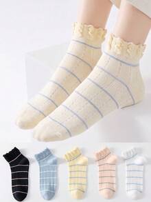 5 Pairs Women's Multiful-Colors Short Socks Ruffled Socks With Striped Patterns, Breathable, Moisture-Wicking, Suitable For Sports And Leisure - Multicolor - View 2