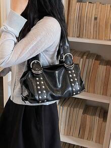 新款時尚休閒純色PU布料可調節手把鉚釘裝飾復古龐克風女款單肩包 - A - 查看 6