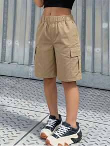 Teen Girls' Elastic Waist Solid Color Casual Utility Shorts, Versatile For Daily Wear - Khaki - View 9