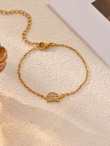 1pc Exquisite Clover/Flower/Infinity/Turtle Pendant Women's Bracelet, Stainless Steel Material With Zirconia, Gold Color Women's Jewelry Accessory, Women's Accessory, Back To School Gift, Valentine's Day Gift, Summer Vacation Accessory - Multicolor - View 9