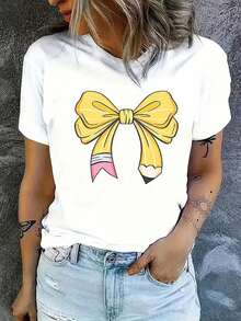 Camiseta de manga corta hechara mujeres, de manga corta, con diseño gráfico elegante y cómodara eerano., lo que la hace perfectara la comodidad diaria y ejercicios ligeros. Camis - Blanco - Ver 2