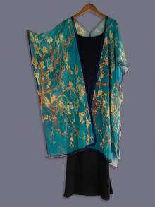 Elegant Summer Plum Blossom Artistic Floral Graffiti Print Chiffon Bohemian Style Casual Loose Cover Up Beach Travel Vacation Women's Cover-Up Thin Outerwear Shawl Beach Sun Protection Top Air Conditioning Shirt Beach Cover-Up - Dark Green - View 2