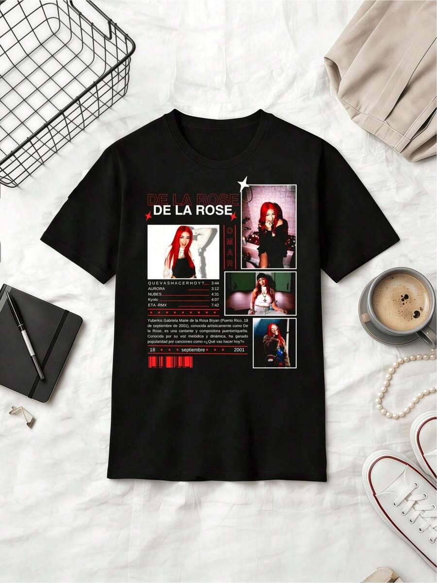 Unisex Baumwoll T-Shirt mit einer Grafik der Songliste des puerto-ricanischen Sängers De La Rose. - Schwarz - Übersicht 1