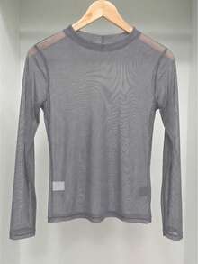 Long-Sleeved Tulle Blouse In Pastel Candy Colors, Spring Color Block. - Grey - View 4