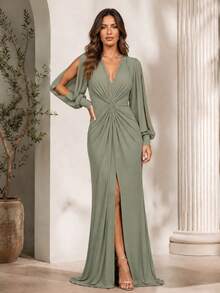 Bridesmaid Dress For Party Guests Reception Graduation Without Shine, Long Sleeves, Openwork In Fluity With Slit - Olive Oil - View 1