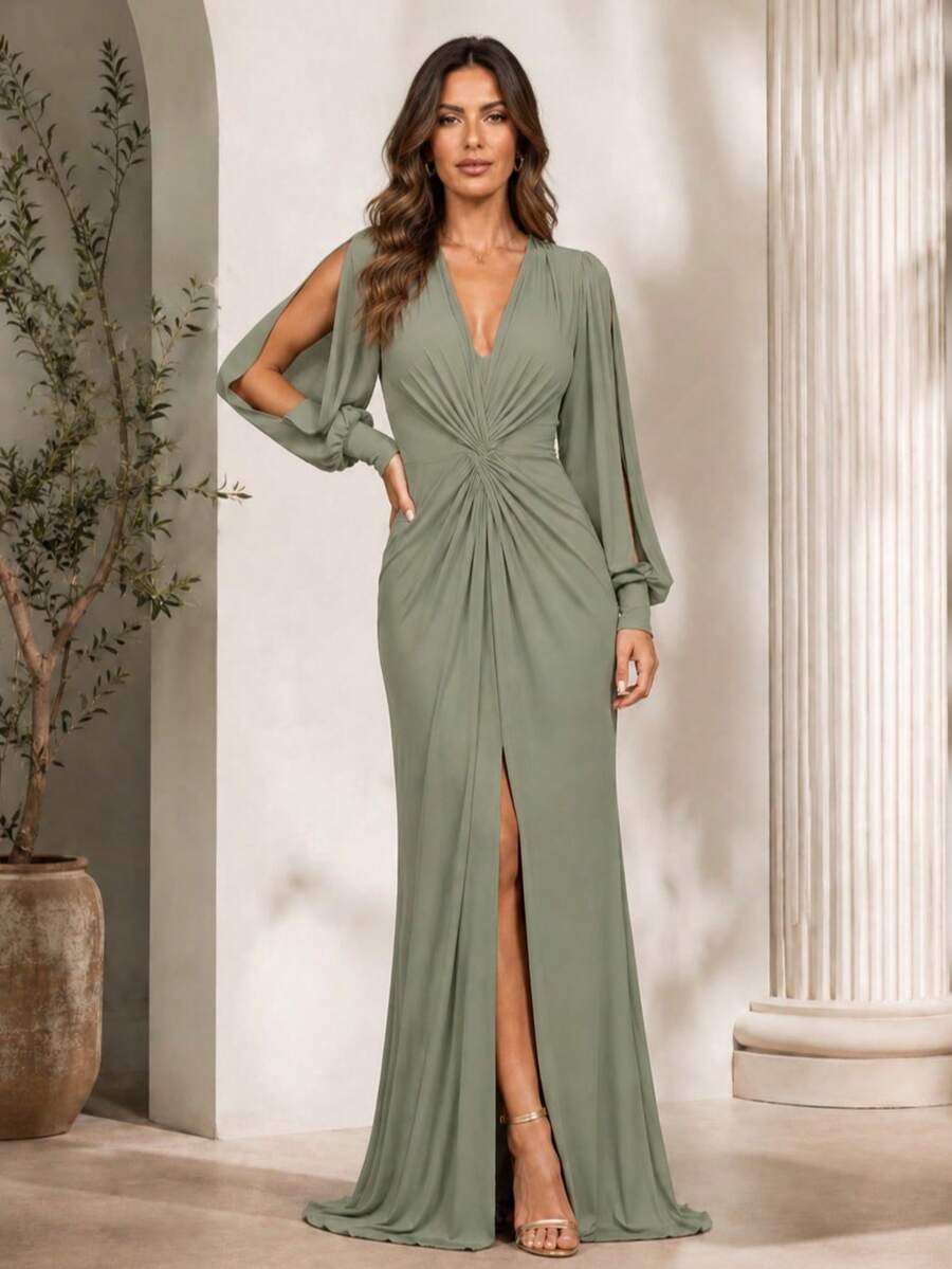 Bridesmaid Dress For Party Guests Reception Graduation Without Shine, Long Sleeves, Openwork In Fluity With Slit - Olive Oil - View 1