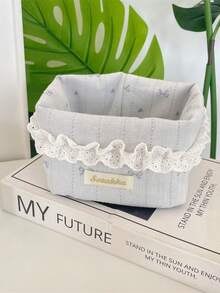 1Pc Cute Lace Ruffle Quilted Storage Basket, Small Bow Print Foldable Desktop Organizer For Cosmetics Sundries Bedroom Decor - Multicolor - View 14