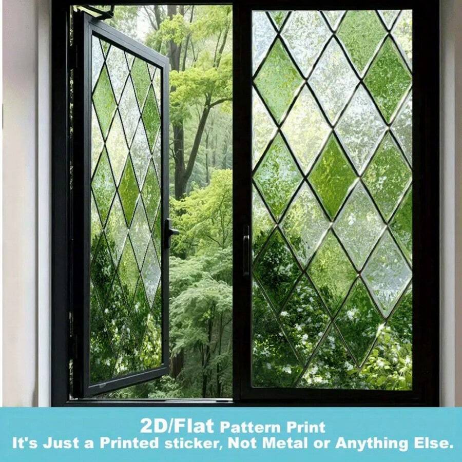 1 pieza Película de ventana de privacidad esmerilada con patrón de hoja de vidrio verde en forma de diamante, adhesivo electrostático de PVC reutilizable sin pegamento, adecuado para hogares, baños, dormitorios, oficinas, cafeterías y otros espacios - Pegatina de vidrio esmerilado - Ver 1