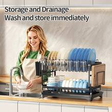 Kusuxva This Double-Layer Metal Kitchen Countertop Dish Rack Is Space-Saving And Durable. It Comes With A Knife And Fork Holder, Cup Holder, Cutting Board Holder, And Rust-Proof Drain Tray. Kitchen Storage Items Help You Keep Your Kitchen Neat And Organized. - 黑色 - 查看 3