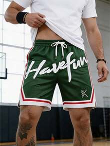 男士夏季運動短褲 籃球抽繩彈性網眼快乾百慕達短褲 - 綠色 - 查看 2