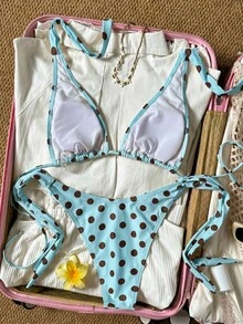 Bộ bikini 2 mảnh nữ mùa hè đi biển, hồ bơi, thể thao dưới nước, gồm áo tắm cổ yếm chấm bi thanh lịch buộc sau lưng hở lưng và quần bikini buộc hai bên eo, 2 món - Màu xanh bạc hà - Xem 5