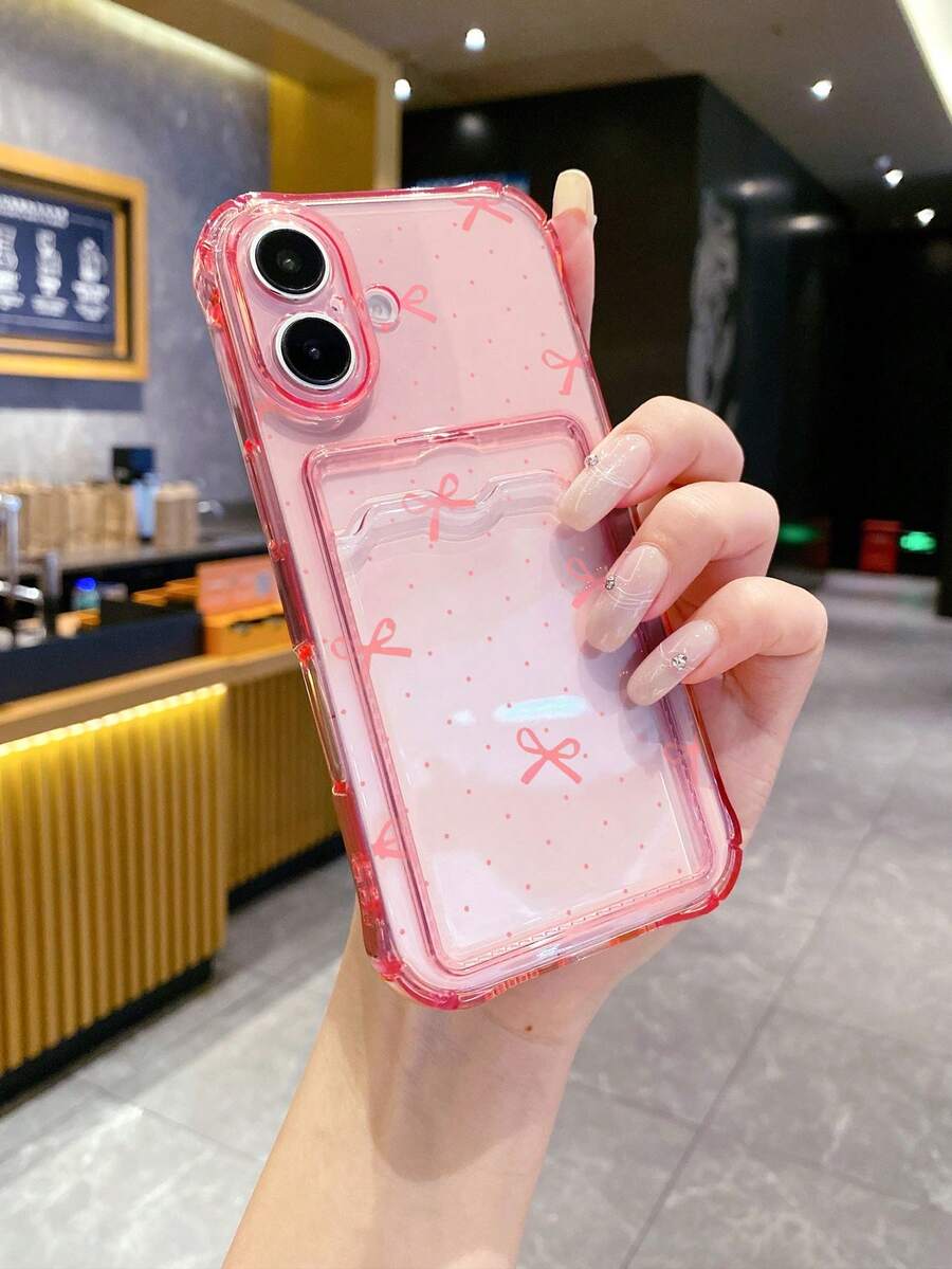 1pc Pink Transparent TPU Polka Dot Hand-Drawn Bow Pattern Four-Corner Shockproof Integrated Card Holder Phone Case, Gentle Fashion Versatile Creative Personalized, Full Coverage Protection Dustproof Waterproof Soft Shell Suitable For Versatile Phone Case/Card Holder Phone Case/Fun Phone Case/Android Phone Case/ Phone Case - Multicolor - View 1
