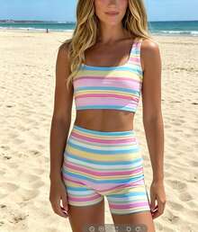 2026 Spring/Summer New Retro Simple Striped Top Two-Piece Set Travel Beach Vacation Clothes Striped Outfits Matching Tube Top Wide Leg Lounge Pants - 彩虹色 - 查看 10