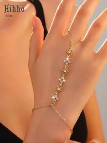 Hihho 1pc Fashion Elegant Gold Cross Flower Full Zirconia Inlaid Full Finger Chain Bracelet, Multifunctional Jewelry Accessory, Suitable For Daily Wear, Dating, Photography And Party - Cross Flower - View 6