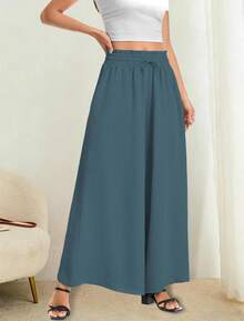 Women's Wide Leg Pants, Elastic Waist With Drawstring, Lightweight Loose Casual Trousers With Pockets - 咖啡 - 查看 10