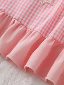 Pink And White Plaid Ruffle Collar Bow Embroidered Long Sleeve Dress For Girls - Pink - View 9
