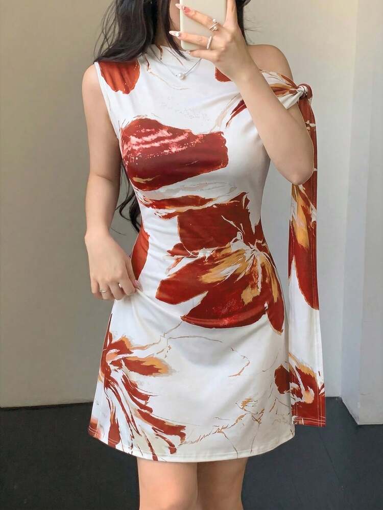 Vestido corto asimétrico con nudo en la cintura para mujer - Multicolor 4 - Añade 1