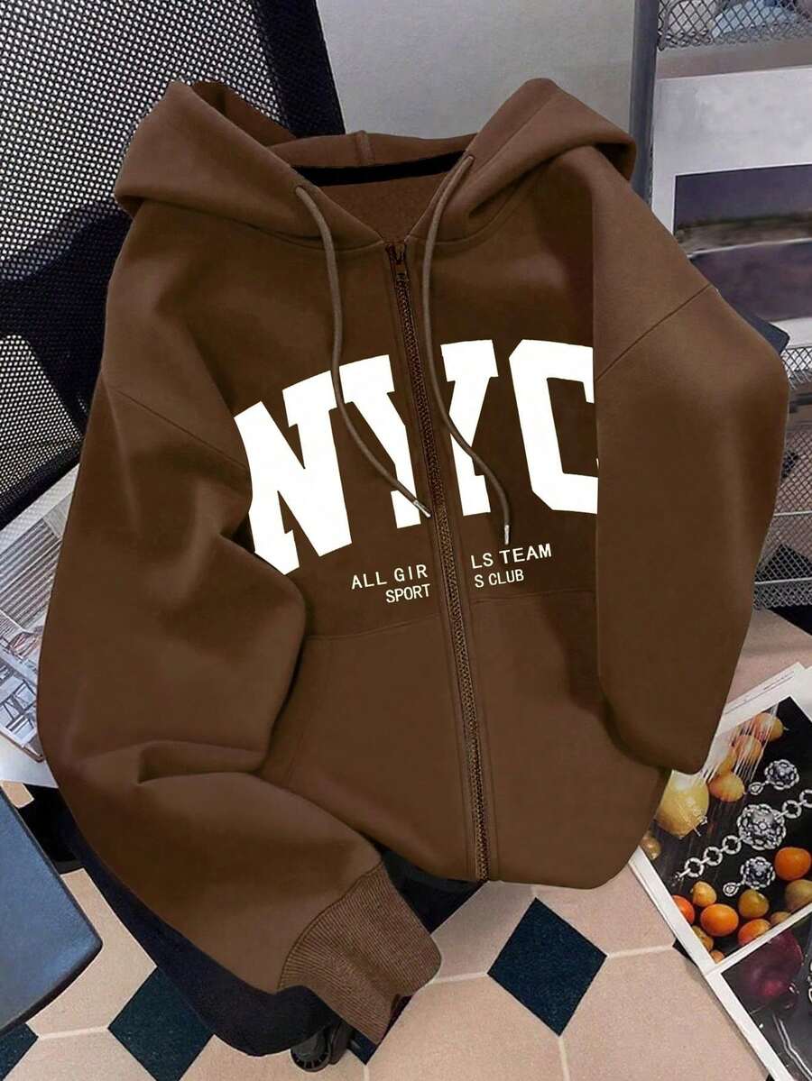 Sudadera con capucha y cremallera para mujer, con estampado de letras, chaqueta casual para maestras, vuelta al colegio, graduación, uso diario, ropa de invierno y elegante, sudadera c - Café integral - Ver 1