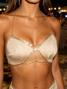 1pc Minimalist Party Top For Women With Chest Chain, Sexy Nightclub Bikini Hollow Rhinestone Accessory - Gold - View 1