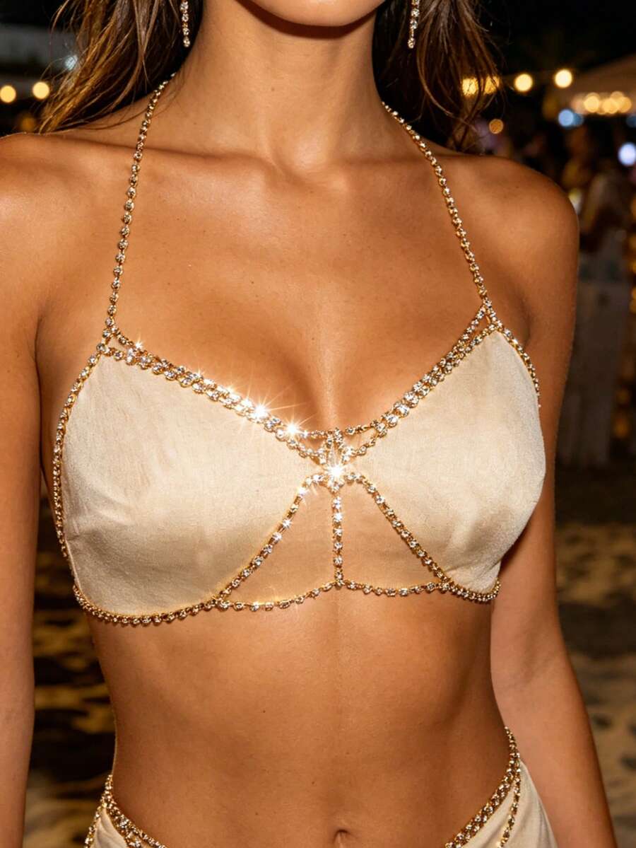 1pc Minimalist Party Top For Women With Chest Chain, Sexy Nightclub Bikini Hollow Rhinestone Accessory - Gold - View 1