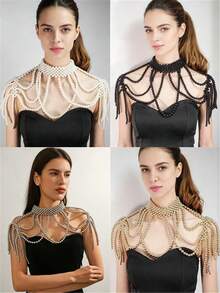 1pc Elegant Handmade Multi-Layer Luxury (Simulated) Faux Pearl Tassel Body Chain, Suitable For Wedding, Party, Evening Dress, Adjustable Length Jewelry Accessory For Women, Summer - STL2003 - View 12