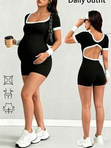 Parara Maternity Romper, Tight-Fitting Comfortable Short Sleeve Casual All-Season Fashion Underlayer, Sporty Leisure Style Black Summer - Black - View 10