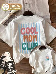 1 Pcs Casual Soft 100% Cotton Black Oversized Tee, Retro Pastel Stripes Cool Mom Club Text Pattern, Women's Back To School Spring Outfit - 白色 - 查看 1