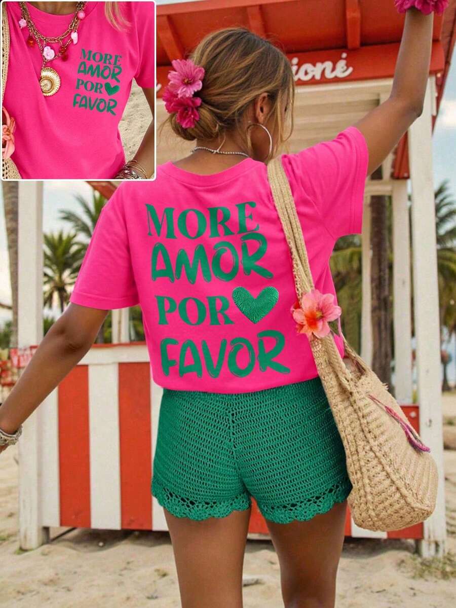 Women's 180g (Sizes S-XXXL), Casual Urban Summer Vacation Clothing, Short Sleeve Graphic T-Shirt, Funny Colorful Text T-Shirts, Personalized T-Shirt For Mom - 亮粉色 7 - 查看 1