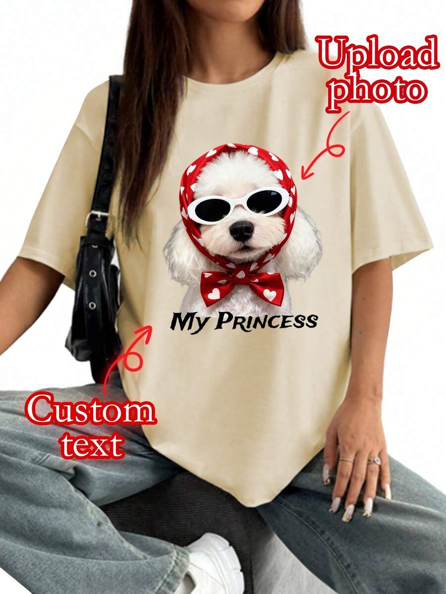 Custom T-Shirt. Custom Women's Top. Personalize With Text And Photos. Upload Your Photos (Pattern/Logo/Couple Photo/Family Photo/Selfie/Cute Sports - Apricot - View 1