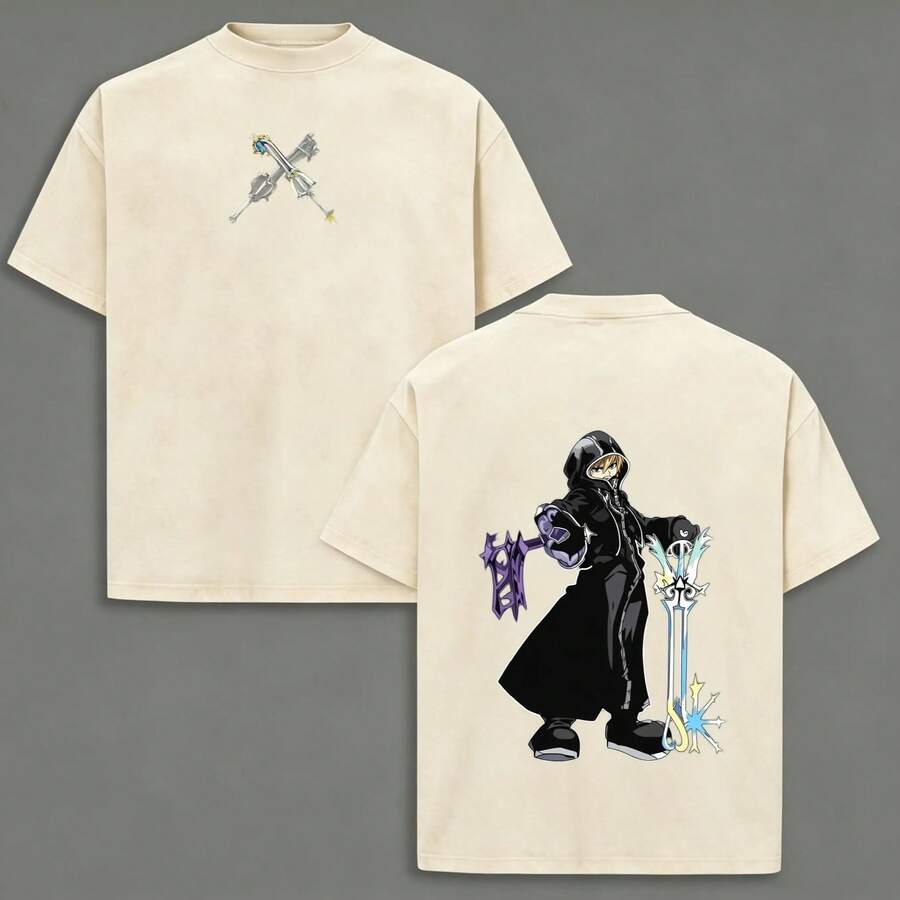 Roxas Heart Washed Tee Oathkeeper Oblivion Unisex Anime Manga Cotton T-Shirt, Gift For Anime Fans, Men's Clothing, Casual Urban Style Black T-Shirt - 杏色 - 查看 1