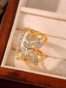 1 chiếc nhẫn hở sang trọng hình lá 3 lớp đính đá Cubic Zirconia, màu vàng, phù hợp cho nữ, quà tặng trang sức cho đám cưới, lễ đính hôn, kỷ niệm, tiệc tùng. - vàng - Xem 4