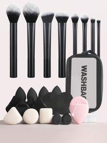 ronshadow 28pcs Makeup Tool Set, 8pcs Long Handle Makeup Brushes With Triangle Powder Puff, Makeup Sponge, Silicone Brush Cleaning Pad, Portable Storage Bag, Loose Powder Brush, Angled Blush Brush, Flat Foundation Brush, Eyeshadow Detail Brush, Complete Makeup Tool Kit - Multicolor - View 2