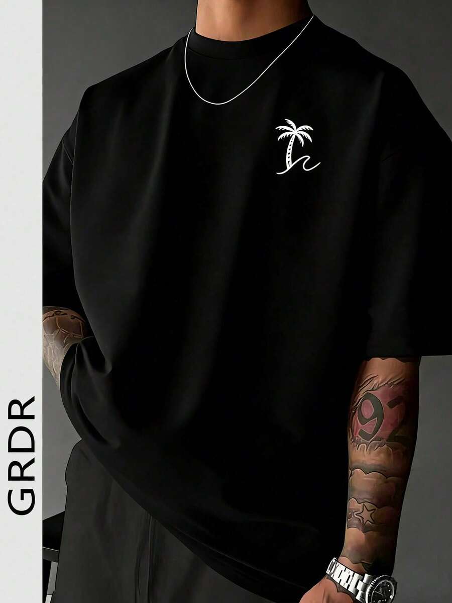 Camiseta de manga corta con cuello redondo y estampado de palmeras de moda para hombre GRDR, informal - Negro - Ver 1