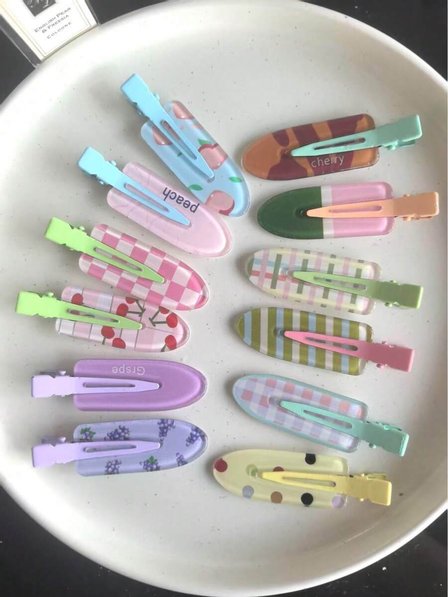 6件組時尚迷人夏季格紋波點桃子西瓜無縫髮夾，女款前側瀏海夾，化妝定位髮夾，可愛髮飾