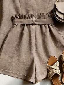 Conjunto de 2 piezas de verano para mujer, shorts con cintura anudada con volantes, adecuado para ir al trabajo, uso diario, estilo elegante - Burdeos - Ver 6