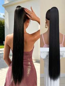 32-Inch Black Straight Ponytail Hair Extensions, Heat-Resistant Synthetic Fiber, Suitable For Girls And Women For Daily Use - Black - View 2