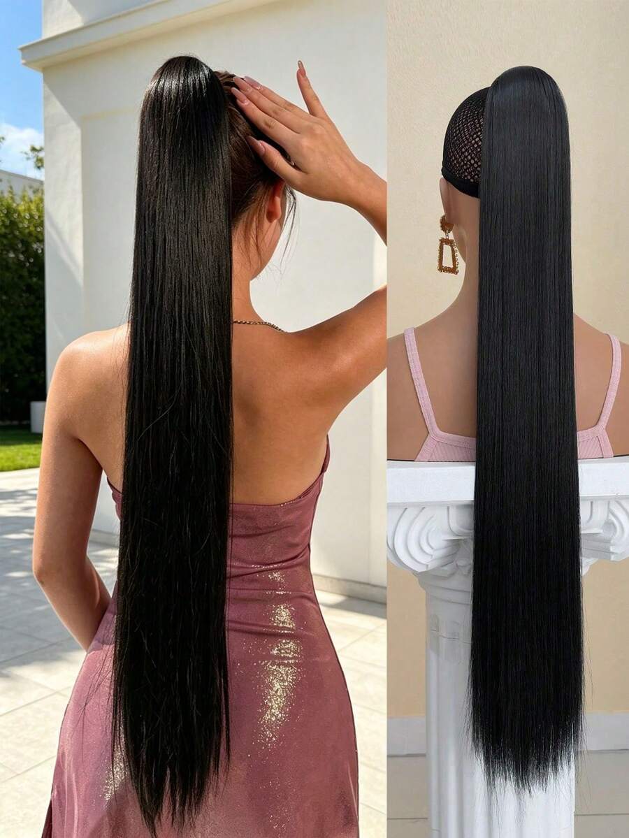 32-Inch Black Straight Ponytail Hair Extensions, Heat-Resistant Synthetic Fiber, Suitable For Girls And Women For Daily Use