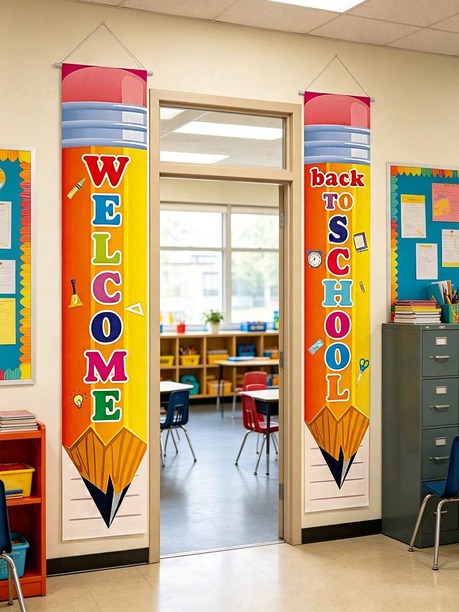 2pcs Pencil Pattern Banner, Back To School Decorations, First Day Of School Decorations, Classroom Decorations, Welcome Back To School Banner, Back To School Season Decorations, Back To School Porch Sign, Banner Decorations, Pencil Welcome Door Sign, Party Props, Baby Shower Party Supplies, Party Supplies - Multicolor - View 1