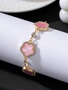 1pc Luxury Elegant Charming Glamorous Summer Vacation Style Sparkling Gentle Pink Sweet Five-Leaf Clover Women's Bracelet (No Gift Box) - Pink - View 3
