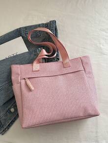 Fashion Versatile Textured Solid Color New Tote Large Bag Casual Minimalist Textured Solid Color Straw Woven Pattern Commute Vacation Shoulder Large Bag - Baby Pink - View 6