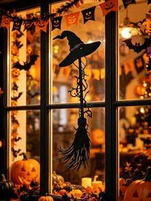 1pc Halloween Wall Sticker, Witch Hat & Broom Metal Decal, Black Halloween Window Sticker, Halloween Party Decor, Halloween Room Decoration, Trick Or Treat, Happy Halloween Decoration, Halloween Party Supplies, Halloween Outdoor Decor, Halloween Window Display Decor, Halloween Scary Scene Decor, Haunted House Decor, Day Of The Dead Decor, Halloween Photo Props, Halloween Home Decor, Halloween Gift, Party Favors, Christmas, 2027 New Year - Witch - View 6